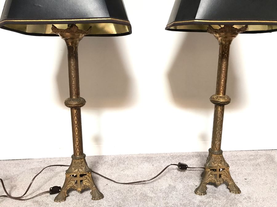 JUST ADDED - Pair Of Vintage Brass Catholic Electrified Candle Holders Table Lamps 32H - One Needs Rewiring