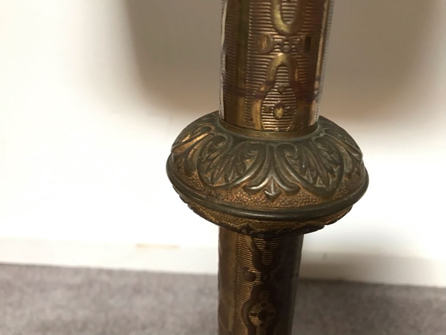 JUST ADDED - Pair Of Vintage Brass Catholic Electrified Candle Holders Table Lamps 32H - One Needs Rewiring [Photo 7]
