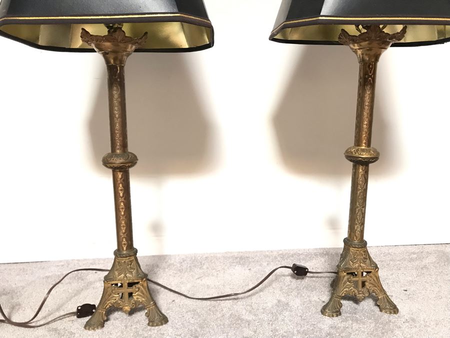 JUST ADDED - Pair Of Vintage Brass Catholic Electrified Candle Holders Table Lamps 32H - One Needs Rewiring [Photo 3]
