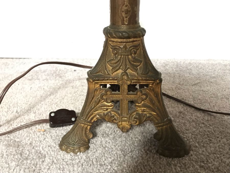 JUST ADDED - Pair Of Vintage Brass Catholic Electrified Candle Holders Table Lamps 32H - One Needs Rewiring [Photo 6]