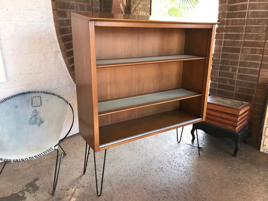 Vintage 1956 Mid-Century Modern Bookcase With Metal Hairpin Legs By Drexel 48W X 16D X 56H [Photo 1]