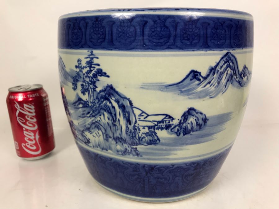 JUST ADDED - Vintage Signed Blue And White Landscape Motif Pot 10W X 9H [Photo 6]