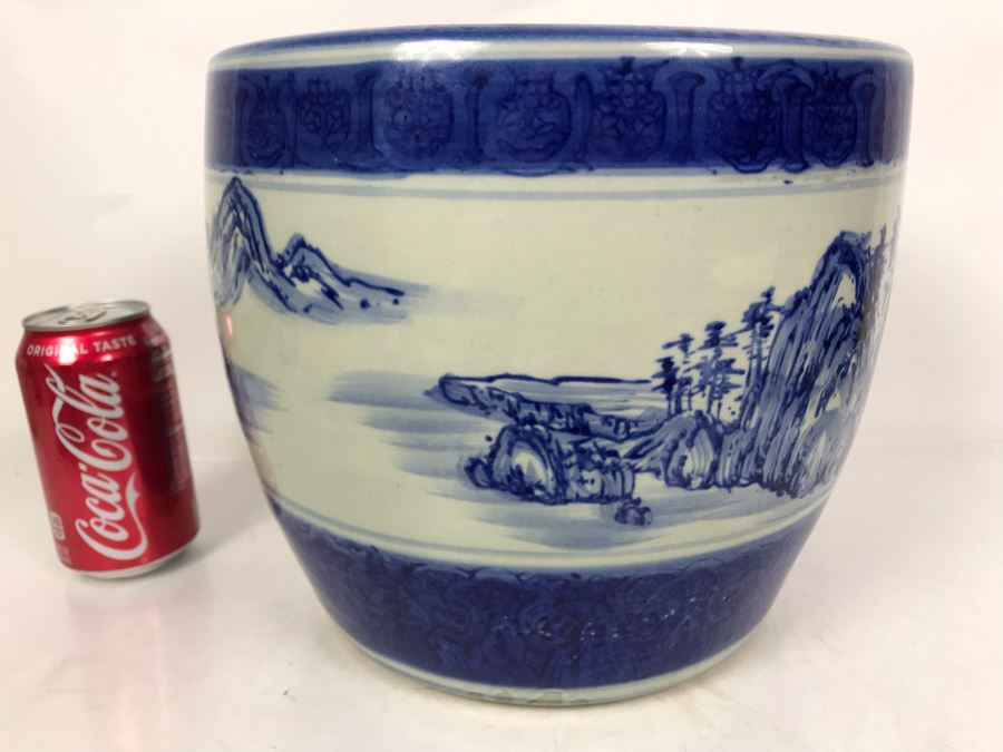 JUST ADDED - Vintage Signed Blue And White Landscape Motif Pot 10W X 9H [Photo 5]