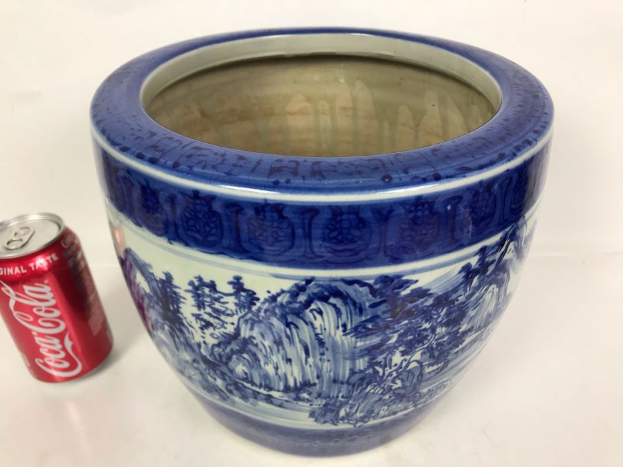 JUST ADDED - Vintage Signed Blue And White Landscape Motif Pot 10W X 9H [Photo 3]