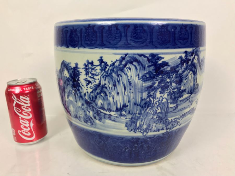 JUST ADDED - Vintage Signed Blue And White Landscape Motif Pot 10W X 9H [Photo 2]