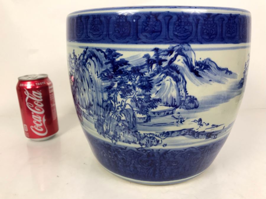 JUST ADDED - Vintage Signed Blue And White Landscape Motif Pot 10W X 9H [Photo 8]