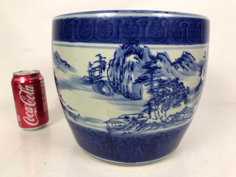 JUST ADDED - Vintage Signed Blue And White Landscape Motif Pot 10W X 9H [Photo 7]