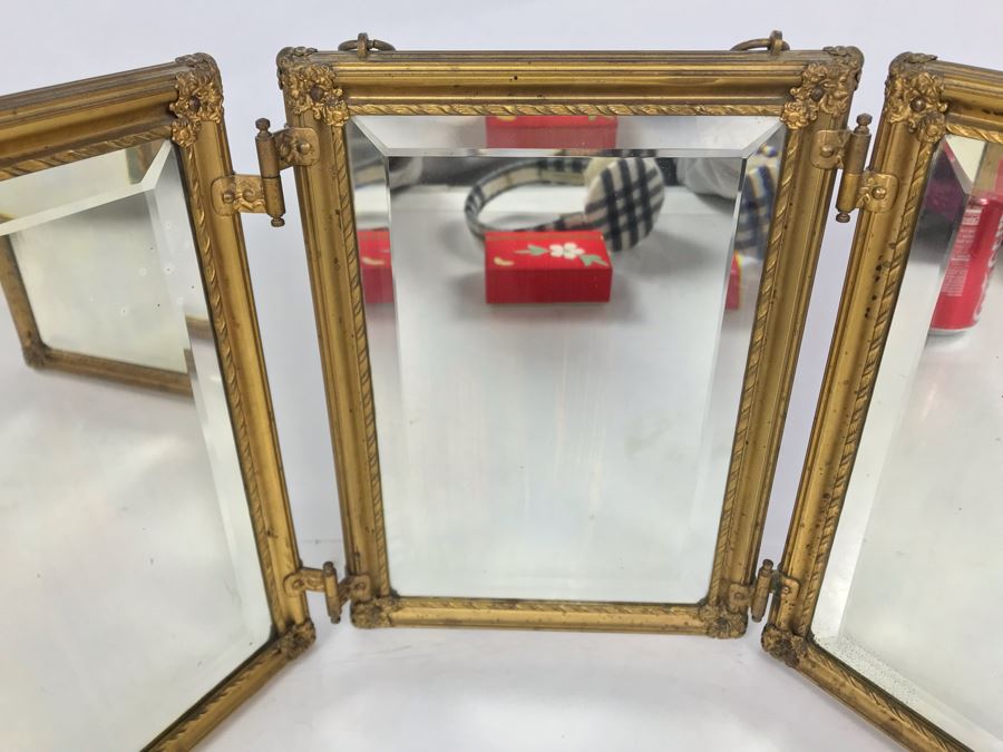 Antique Beveled Glass Hinged 3-Panel Mirror With Gilded Metal Framing Each Frame Is 7.5W X 10.5H [Photo 3]