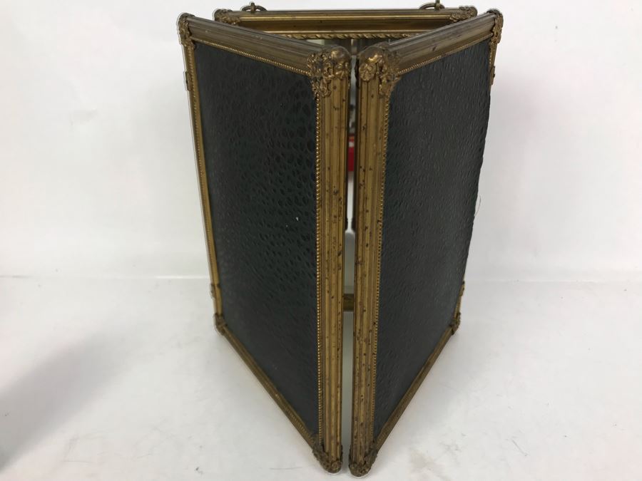 Antique Beveled Glass Hinged 3-Panel Mirror With Gilded Metal Framing Each Frame Is 7.5W X 10.5H [Photo 5]