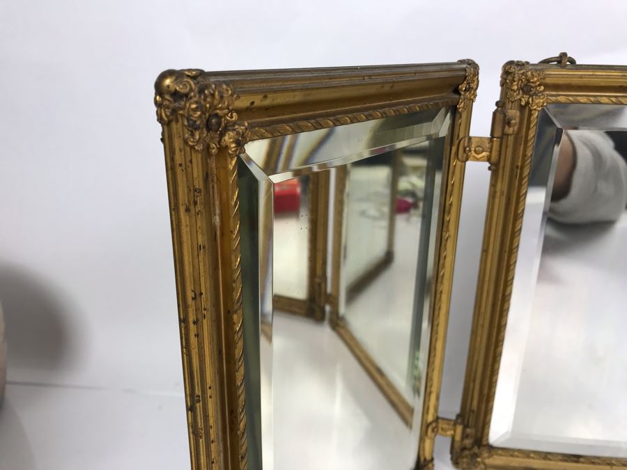 Antique Beveled Glass Hinged 3-Panel Mirror With Gilded Metal Framing Each Frame Is 7.5W X 10.5H [Photo 4]
