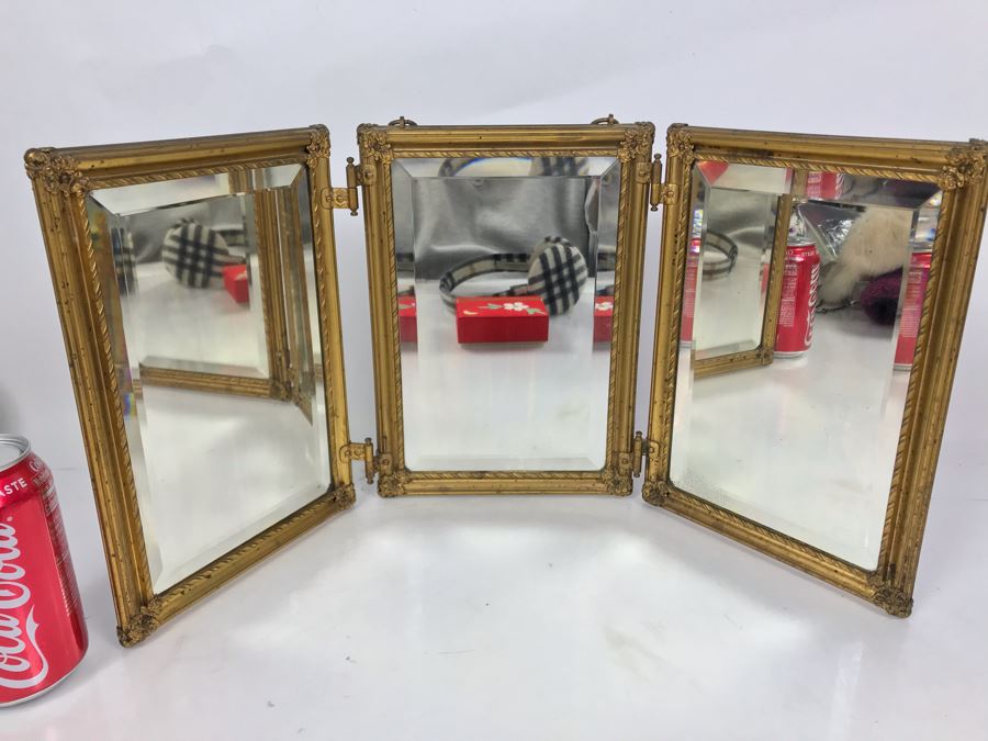 Antique Beveled Glass Hinged 3-Panel Mirror With Gilded Metal Framing Each Frame Is 7.5W X 10.5H [Photo 2]
