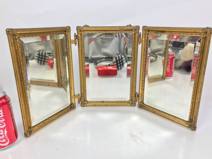 Antique Beveled Glass Hinged 3-Panel Mirror With Gilded Metal Framing Each Frame Is 7.5W X 10.5H [Photo 1]