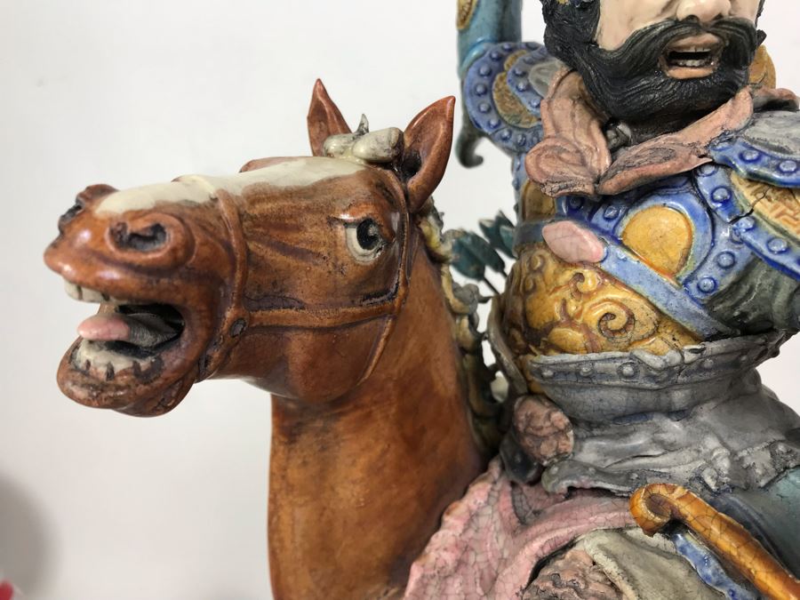 JUST ADDED - Vintage Asian Roof Tile With Acrylic Stand 16W X 7D X 17H - See Photos For Repaired Damage On Horses Feet And Sword [Photo 4]