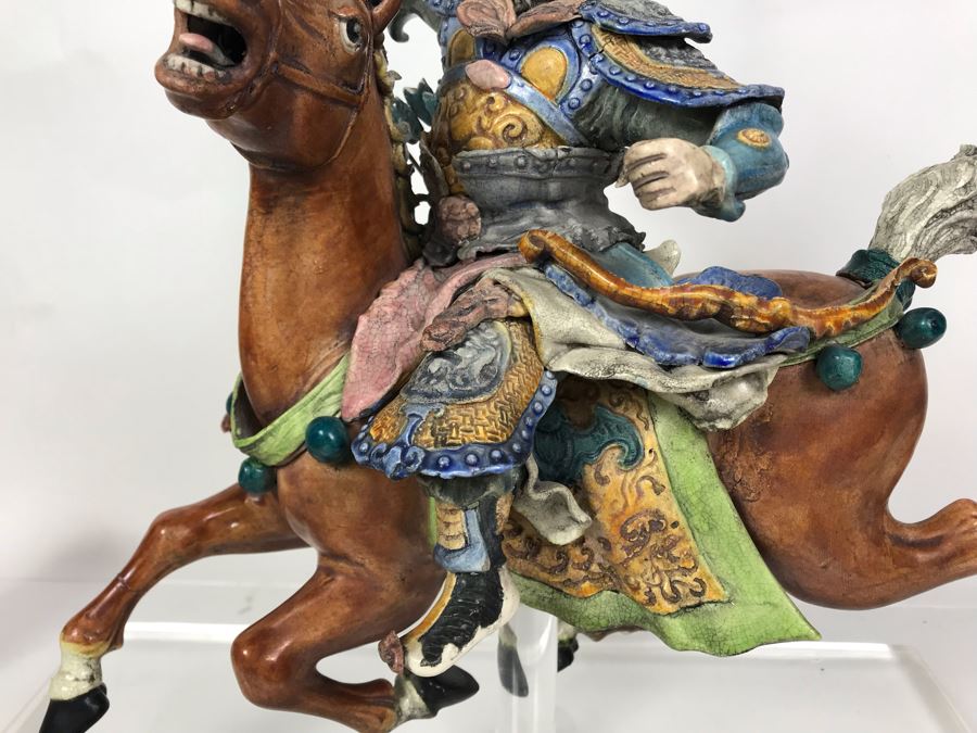 JUST ADDED - Vintage Asian Roof Tile With Acrylic Stand 16W X 7D X 17H - See Photos For Repaired Damage On Horses Feet And Sword [Photo 6]