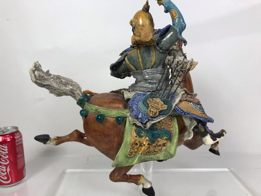 JUST ADDED - Vintage Asian Roof Tile With Acrylic Stand 16W X 7D X 17H - See Photos For Repaired Damage On Horses Feet And Sword [Photo 11]