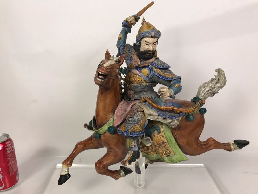 JUST ADDED - Vintage Asian Roof Tile With Acrylic Stand 16W X 7D X 17H - See Photos For Repaired Damage On Horses Feet And Sword [Photo 3]