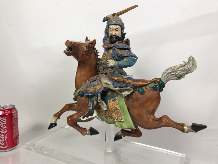 JUST ADDED - Vintage Asian Roof Tile With Acrylic Stand 16W X 7D X 17H - See Photos For Repaired Damage On Horses Feet And Sword [Photo 8]