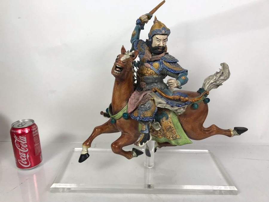 JUST ADDED - Vintage Asian Roof Tile With Acrylic Stand 16W X 7D X 17H - See Photos For Repaired Damage On Horses Feet And Sword [Photo 1]