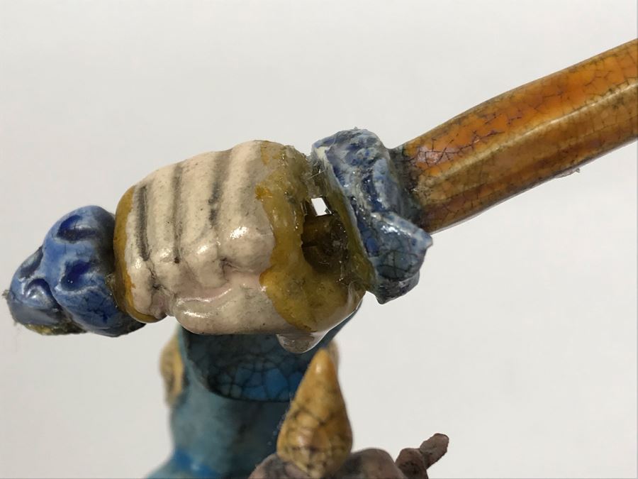 JUST ADDED - Vintage Asian Roof Tile With Acrylic Stand 16W X 7D X 17H - See Photos For Repaired Damage On Horses Feet And Sword [Photo 17]