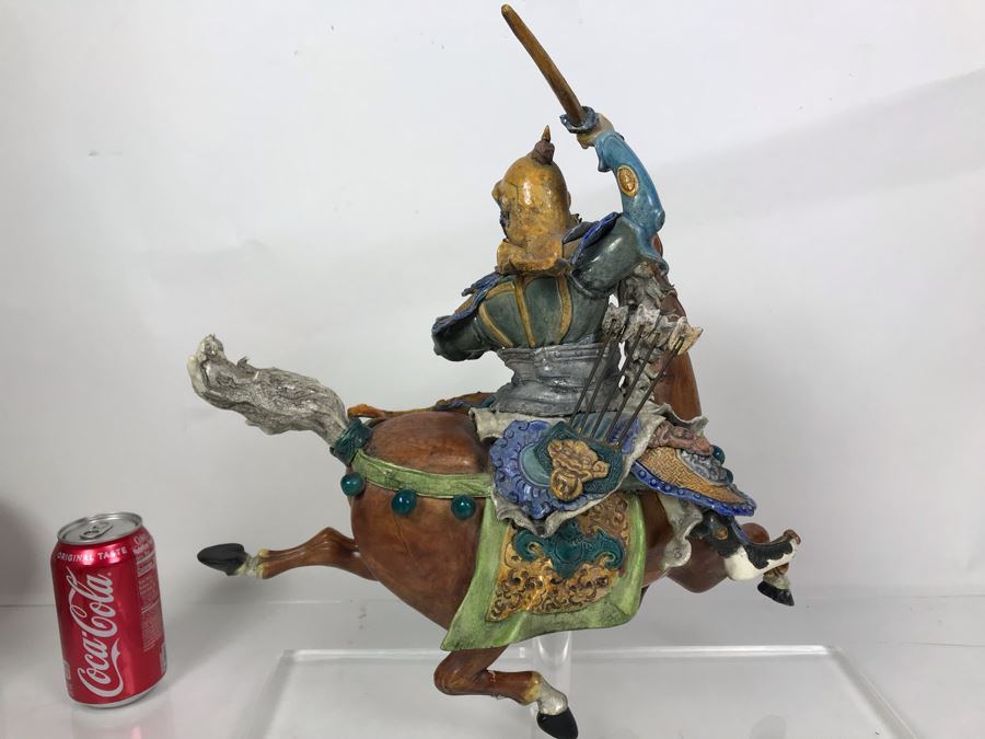 JUST ADDED - Vintage Asian Roof Tile With Acrylic Stand 16W X 7D X 17H - See Photos For Repaired Damage On Horses Feet And Sword [Photo 10]