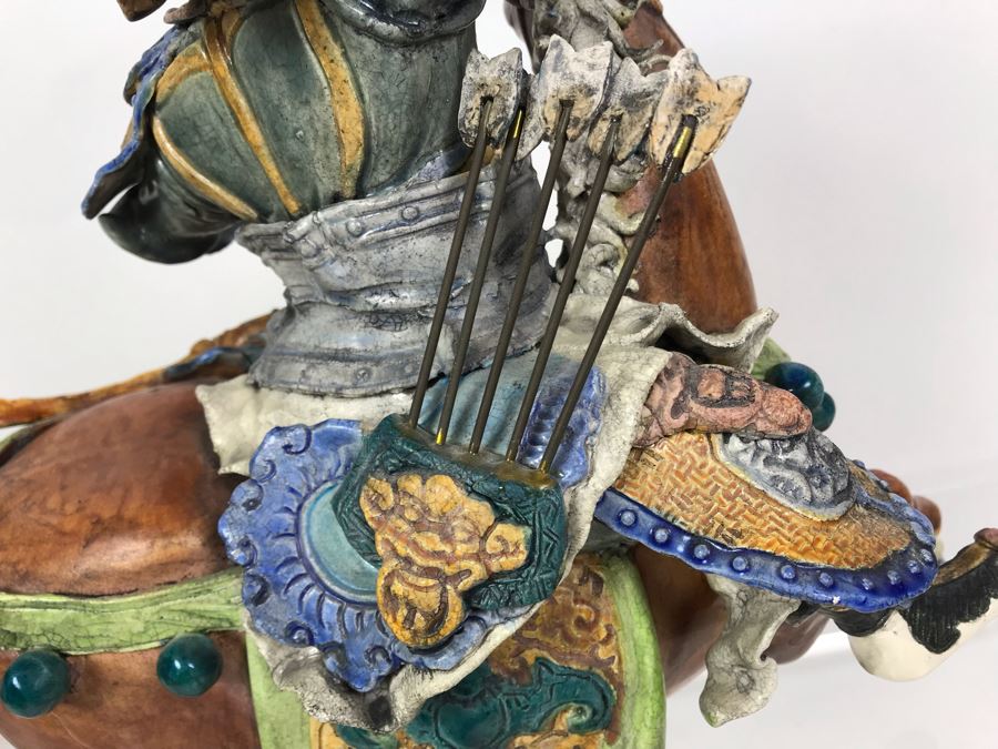 JUST ADDED - Vintage Asian Roof Tile With Acrylic Stand 16W X 7D X 17H - See Photos For Repaired Damage On Horses Feet And Sword [Photo 12]