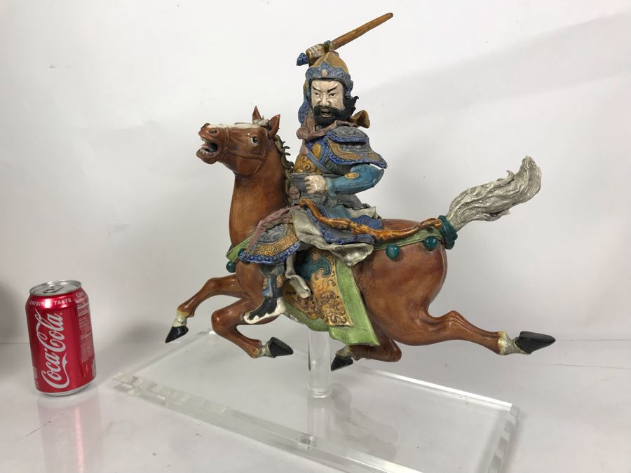 JUST ADDED - Vintage Asian Roof Tile With Acrylic Stand 16W X 7D X 17H - See Photos For Repaired Damage On Horses Feet And Sword [Photo 7]