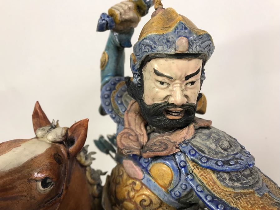 JUST ADDED - Vintage Asian Roof Tile With Acrylic Stand 16W X 7D X 17H - See Photos For Repaired Damage On Horses Feet And Sword [Photo 5]