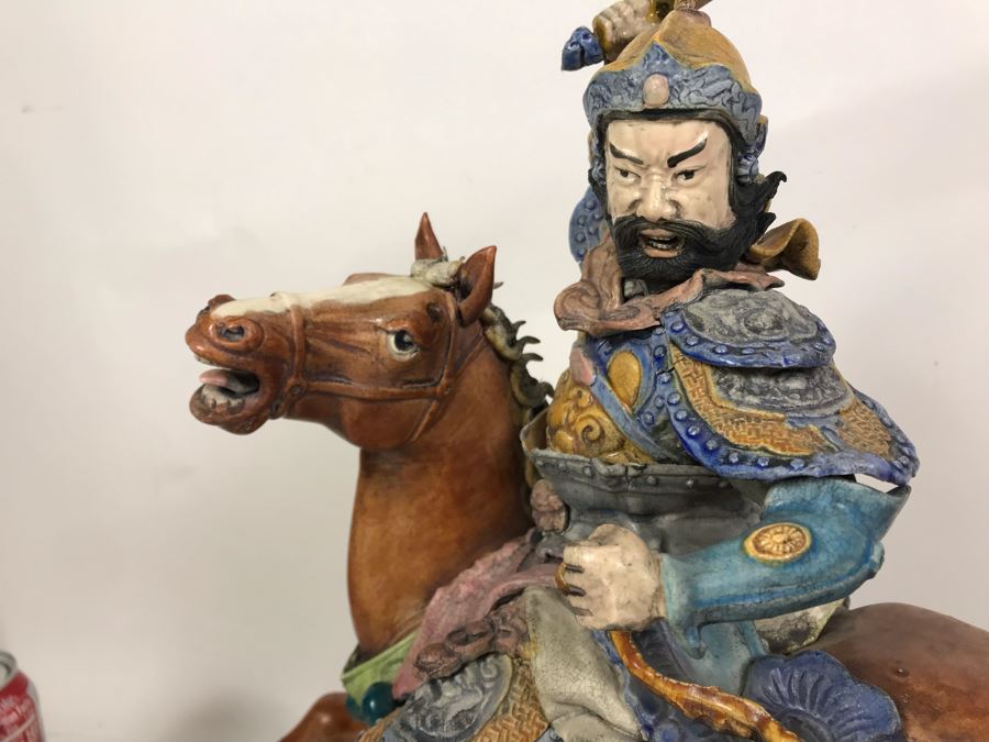 JUST ADDED - Vintage Asian Roof Tile With Acrylic Stand 16W X 7D X 17H - See Photos For Repaired Damage On Horses Feet And Sword [Photo 9]