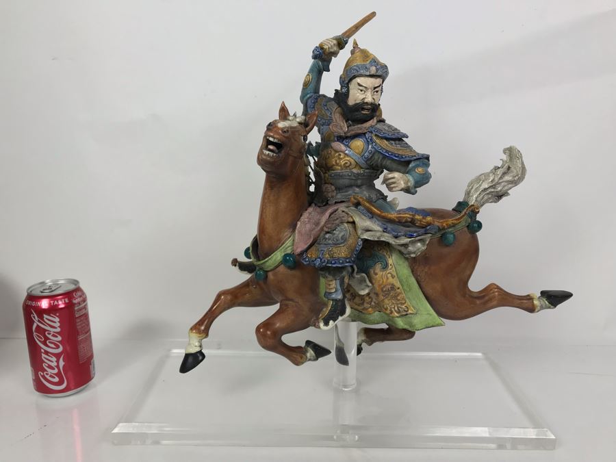 JUST ADDED - Vintage Asian Roof Tile With Acrylic Stand 16W X 7D X 17H - See Photos For Repaired Damage On Horses Feet And Sword [Photo 2]