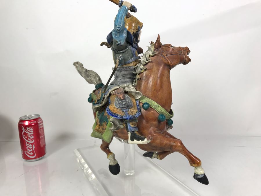 JUST ADDED - Vintage Asian Roof Tile With Acrylic Stand 16W X 7D X 17H - See Photos For Repaired Damage On Horses Feet And Sword [Photo 14]