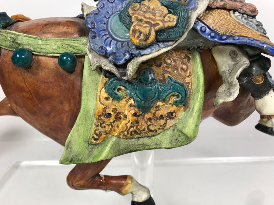 JUST ADDED - Vintage Asian Roof Tile With Acrylic Stand 16W X 7D X 17H - See Photos For Repaired Damage On Horses Feet And Sword [Photo 13]