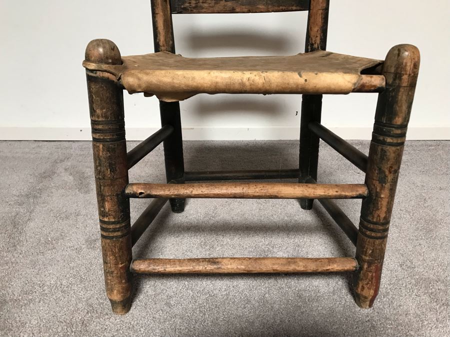 JUST ADDED - Primitive Wooden Childs Leather Hide Seat Chair [Photo 3]