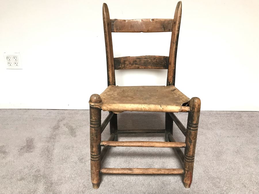 JUST ADDED - Primitive Wooden Childs Leather Hide Seat Chair [Photo 1]