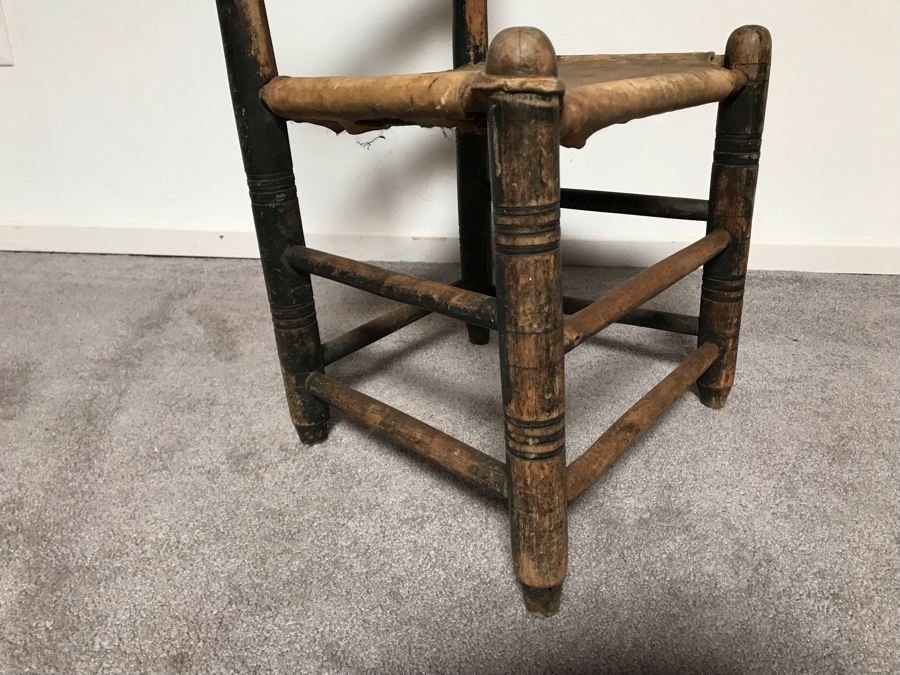 JUST ADDED - Primitive Wooden Childs Leather Hide Seat Chair [Photo 7]