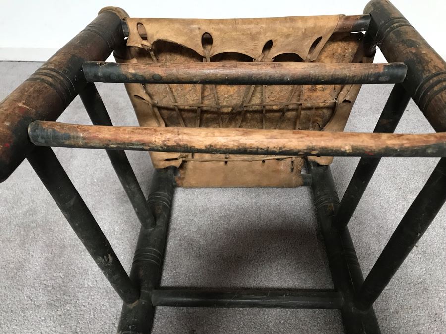 JUST ADDED - Primitive Wooden Childs Leather Hide Seat Chair [Photo 11]
