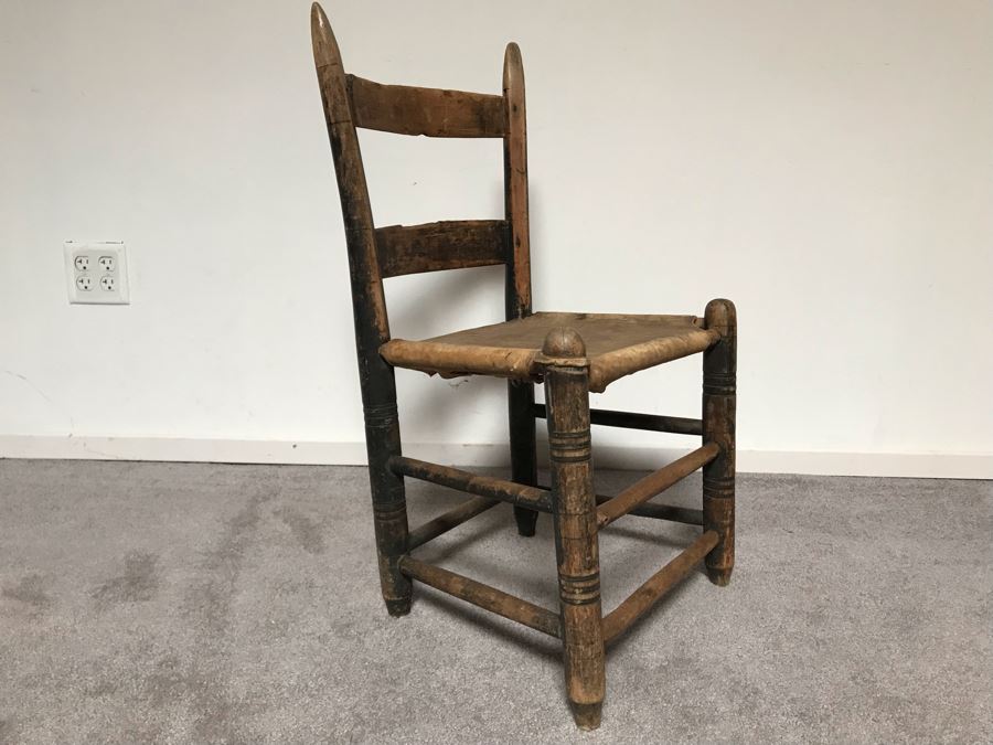 JUST ADDED - Primitive Wooden Childs Leather Hide Seat Chair [Photo 6]