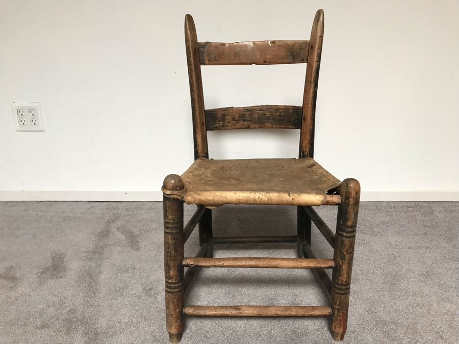 JUST ADDED - Primitive Wooden Childs Leather Hide Seat Chair [Photo 2]