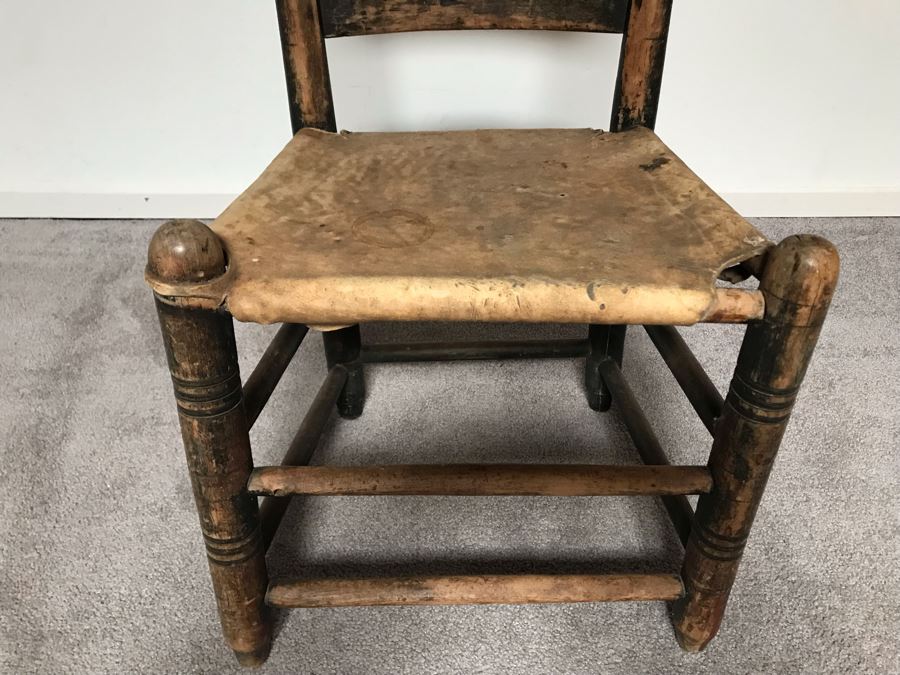 JUST ADDED - Primitive Wooden Childs Leather Hide Seat Chair [Photo 4]
