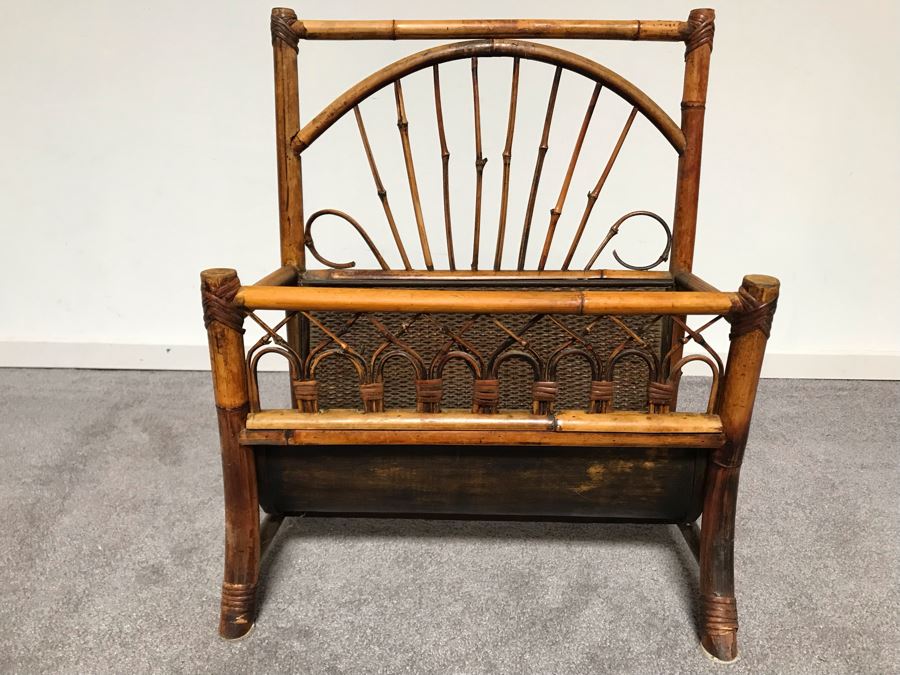 JUST ADDED - Vintage Rattan Magazine Rack 18W X 11D X 23H [Photo 1]