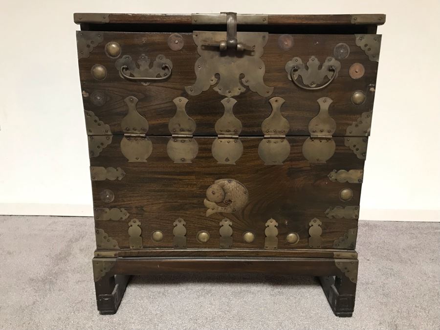 JUST ADDED - Vintage Korean Wooden Cabinet With Brass Hardware 23W X 10.5D X 25.5H [Photo 1]
