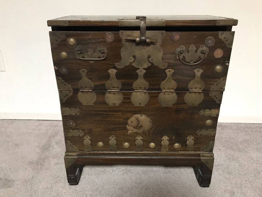 JUST ADDED - Vintage Korean Wooden Cabinet With Brass Hardware 23W X 10.5D X 25.5H [Photo 2]