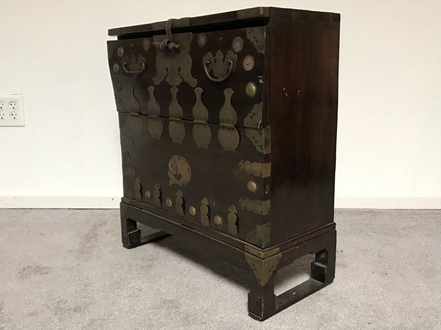 JUST ADDED - Vintage Korean Wooden Cabinet With Brass Hardware 23W X 10.5D X 25.5H [Photo 8]