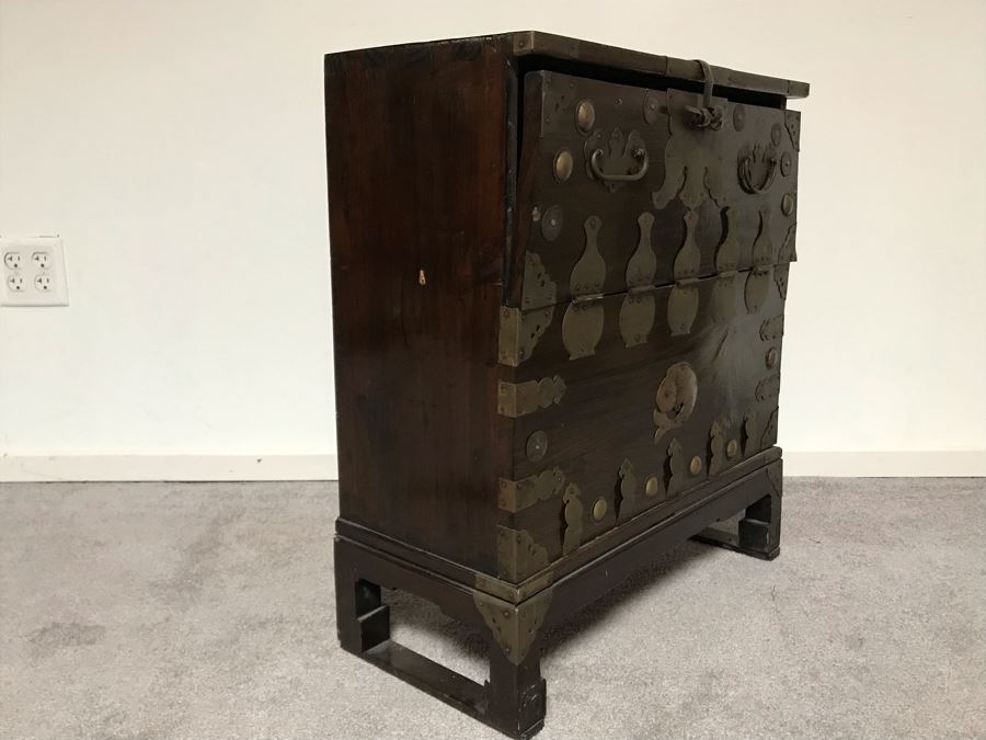 JUST ADDED - Vintage Korean Wooden Cabinet With Brass Hardware 23W X 10.5D X 25.5H [Photo 14]