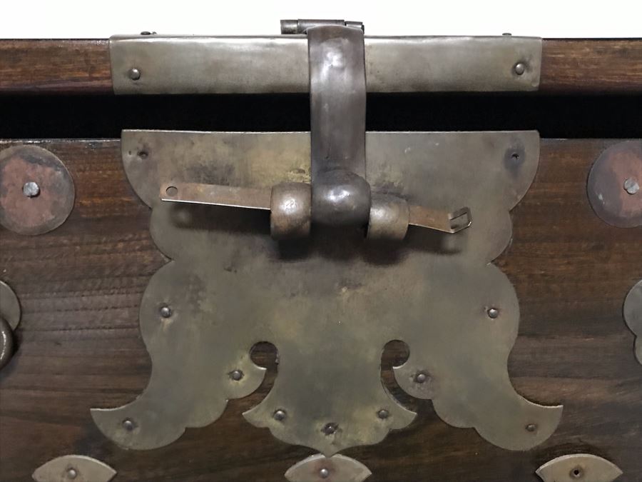 JUST ADDED - Vintage Korean Wooden Cabinet With Brass Hardware 23W X 10.5D X 25.5H [Photo 5]