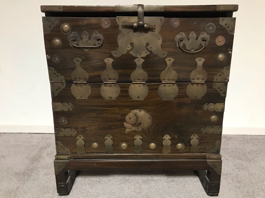 JUST ADDED - Vintage Korean Wooden Cabinet With Brass Hardware 23W X 10.5D X 25.5H [Photo 3]