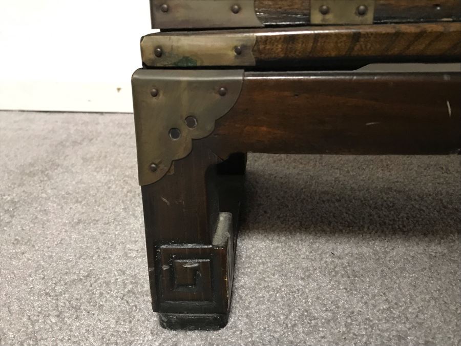 JUST ADDED - Vintage Korean Wooden Cabinet With Brass Hardware 23W X 10.5D X 25.5H [Photo 7]