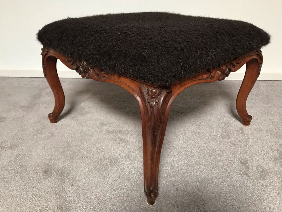 JUST ADDED - Vintage Wooden Upholstered Stool 26W X 26D X 18H [Photo 5]