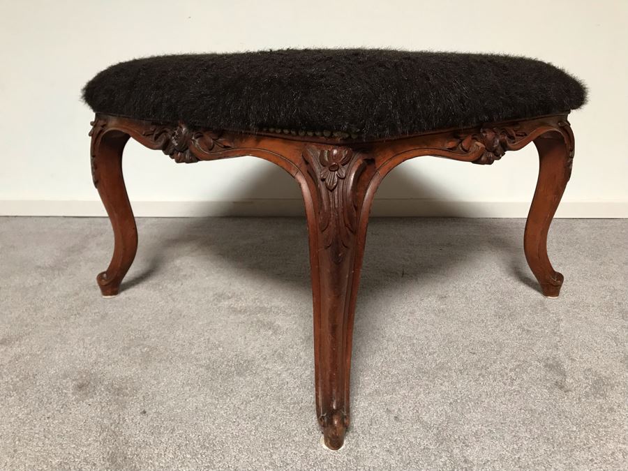 JUST ADDED - Vintage Wooden Upholstered Stool 26W X 26D X 18H [Photo 4]