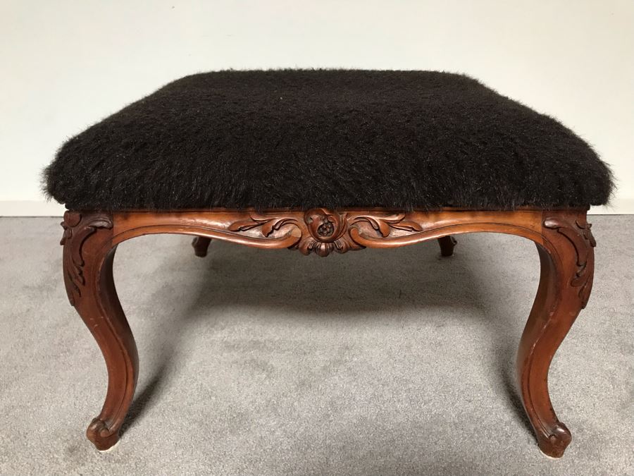 JUST ADDED - Vintage Wooden Upholstered Stool 26W X 26D X 18H [Photo 2]