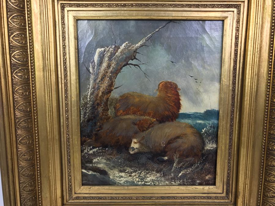 JUST ADDED - Original Antique Painting Of Highlands Sheep Unsigned Appears To Be Same Artist As Adjacent Painting In Antique Gilded Frame 10 X 12 [Photo 3]